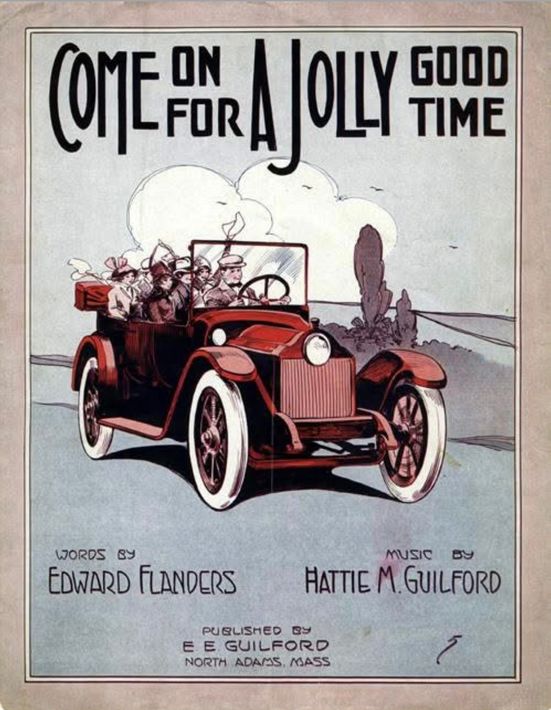 Vintage reclameposter van een rode open auto met passagiers, met de titel 