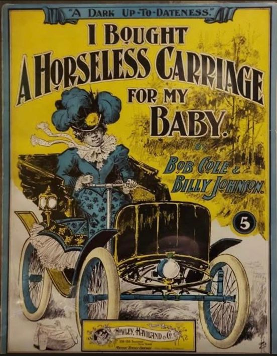 Vintage gele poster van een paardenkoets met een vrouwelijke koetsier, getiteld 