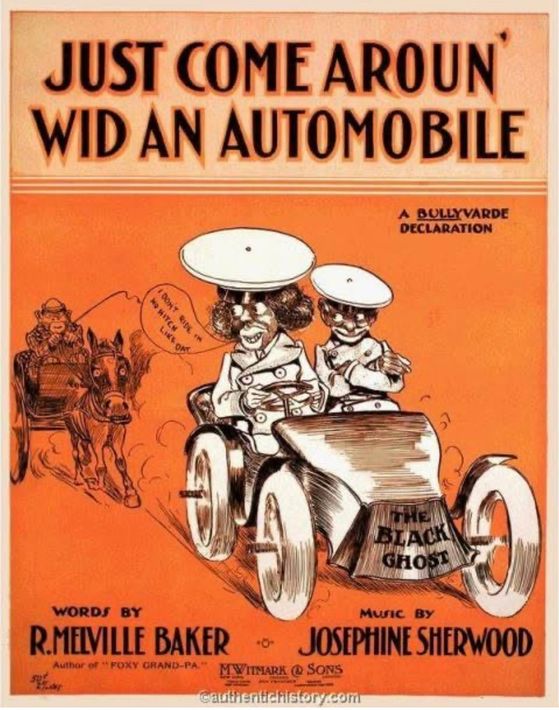 Oranje vintage poster van twee mensen in een auto, getiteld 