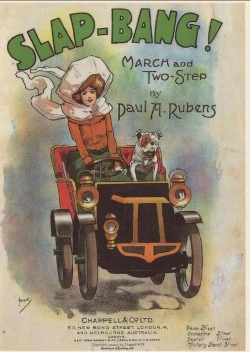 Vintage poster van een vrouw die in een auto rijdt, met de opvallende groene titel 