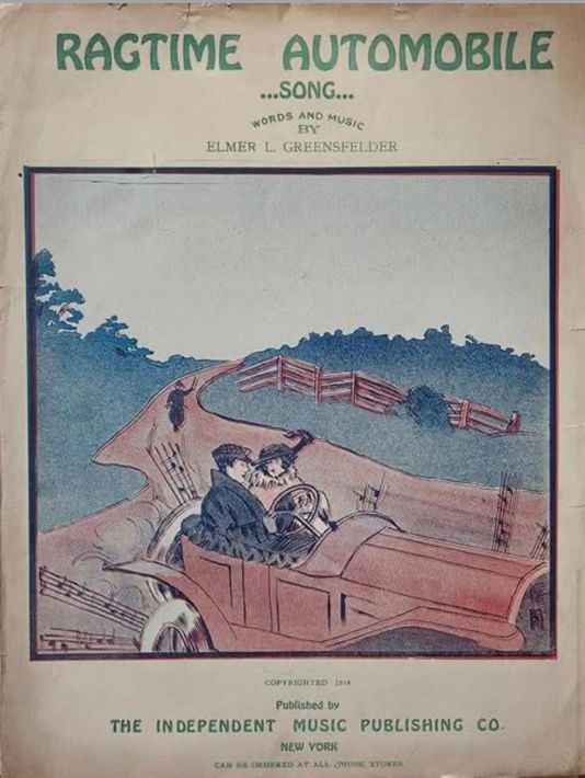 Omslagillustratie van een ragtime-liedboek over auto's, waarop een stel te zien is in een oldtimer op de weg.