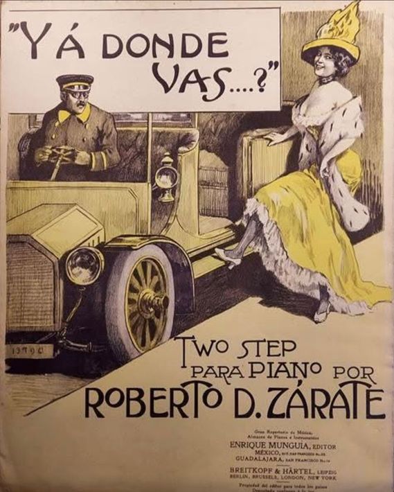 Vintage bladmuziekomslag met auto en vrouw, getiteld “Ya donde vas…?” en “Two Step para piano por Roberto Zárate”
