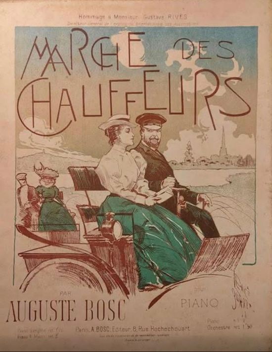 Vintage poster van een vrouw en een man in een groene koets aan zee, getiteld 