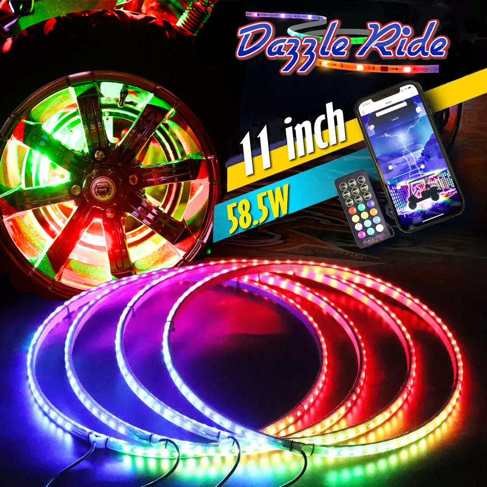 LED strip light kit with double-row strip, controller, mounting brackets, remote, and app control package