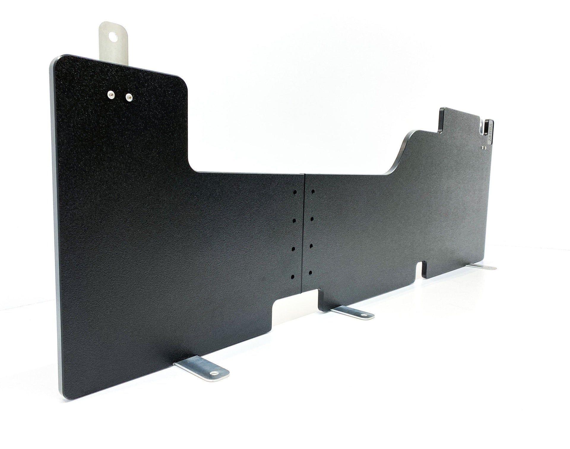 Black metal mounting bracket with tabs and cutouts on a white background