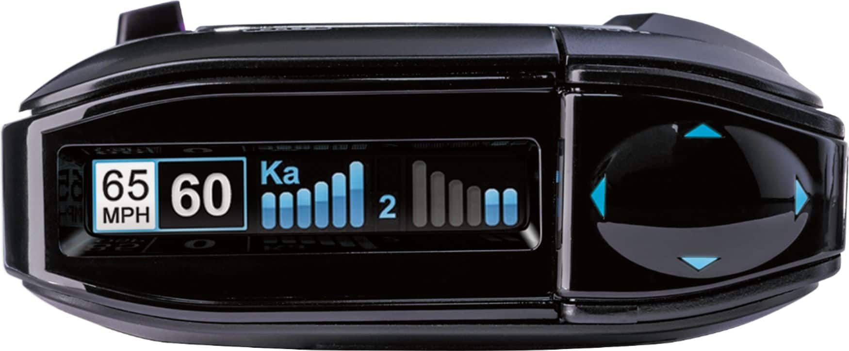 A close up of a radar detector on a white background.
