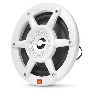 White JBL speaker with black cone and silver spokes, front view on a white background