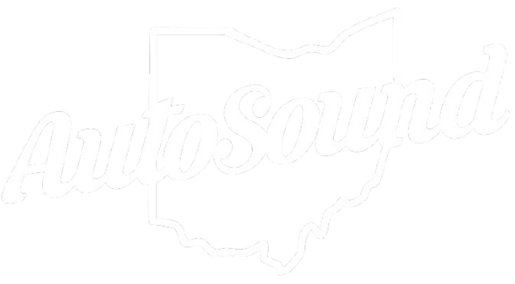 White stylized “AutoSound” logo with a car outline on a transparent background