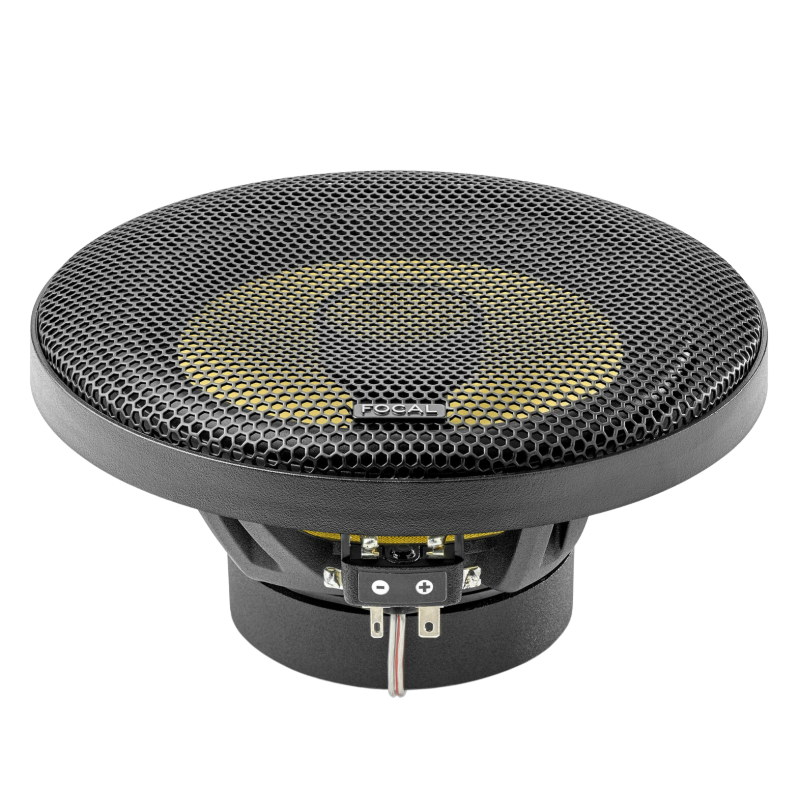 Two black and yellow speaker drivers, one front-facing and one angled on a white background