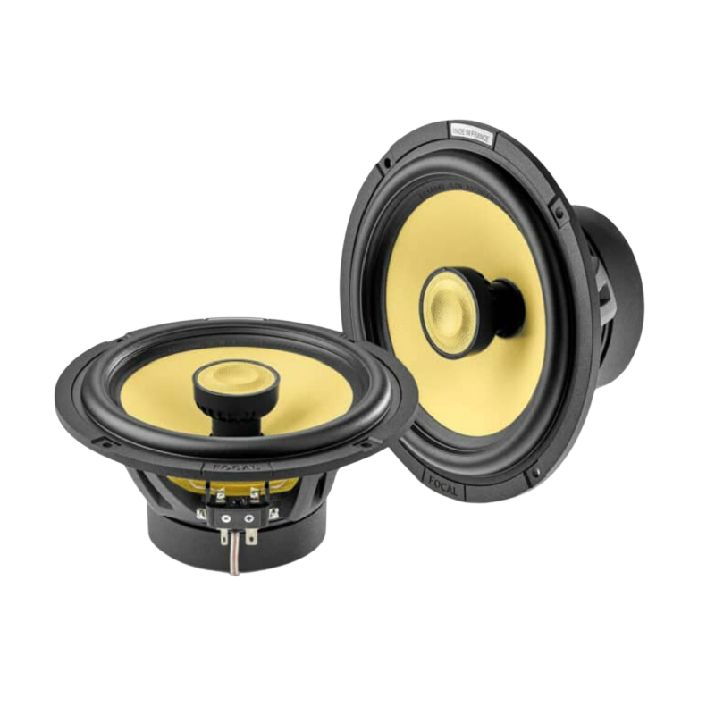 Two black and yellow speaker drivers, one front-facing and one angled on a white background