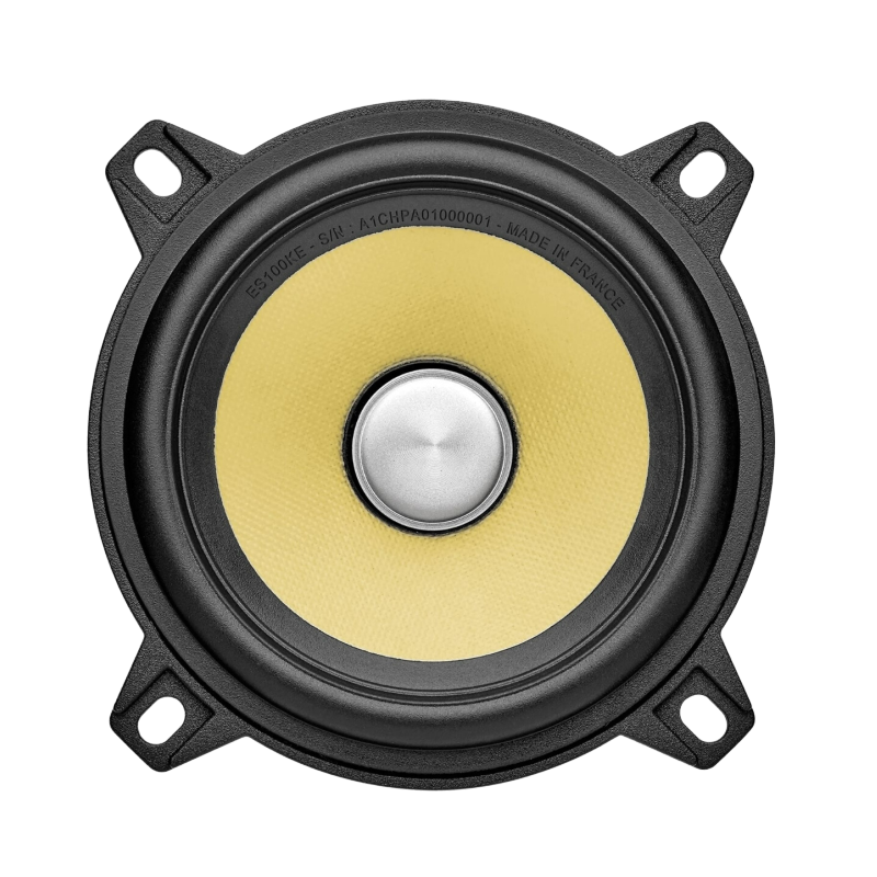 Assorted audio speakers and crossover components, including yellow cone drivers on a white background