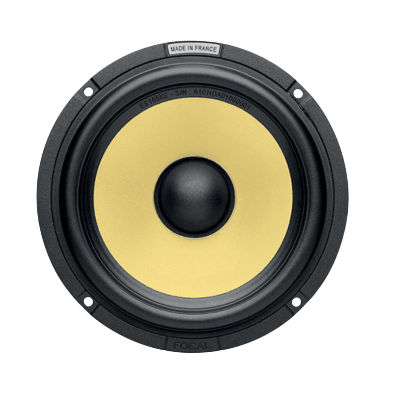 Assorted audio speaker drivers and tweeters, including large yellow-cone woofers and small black tweeters.