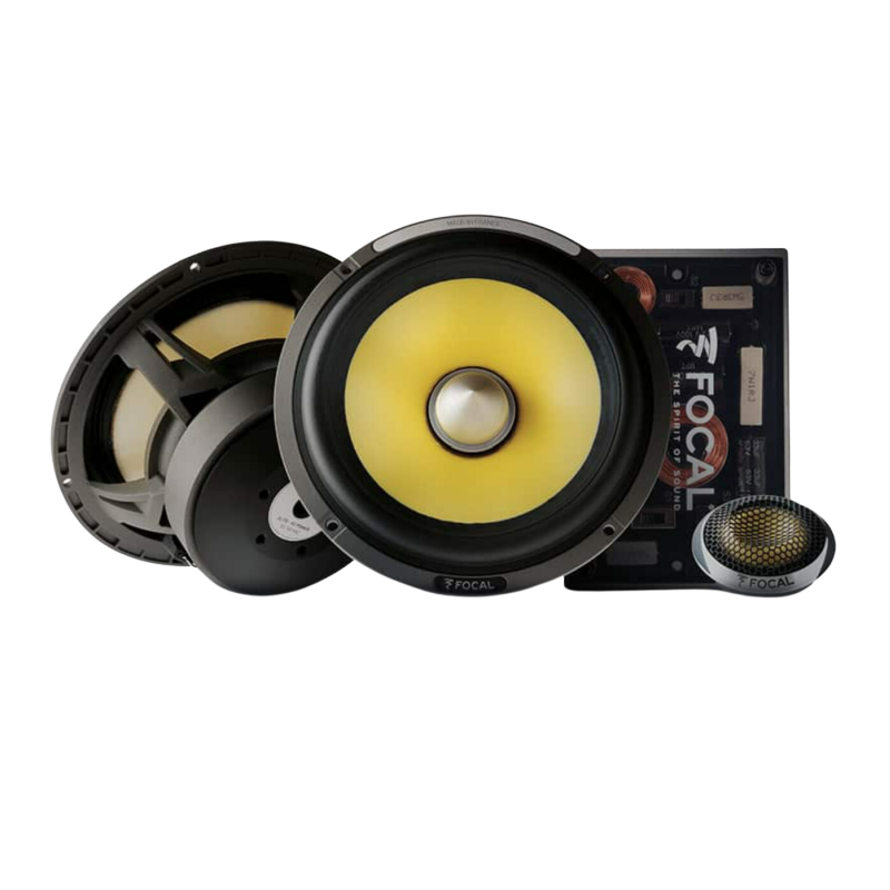Car audio speaker set with yellow cones, tweeters, and a Focal product box on white background