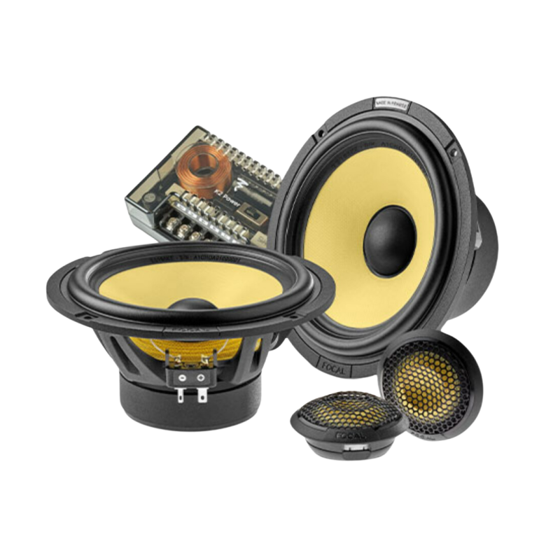 Assorted audio speaker drivers and tweeters, including large yellow-cone woofers and small black tweeters.