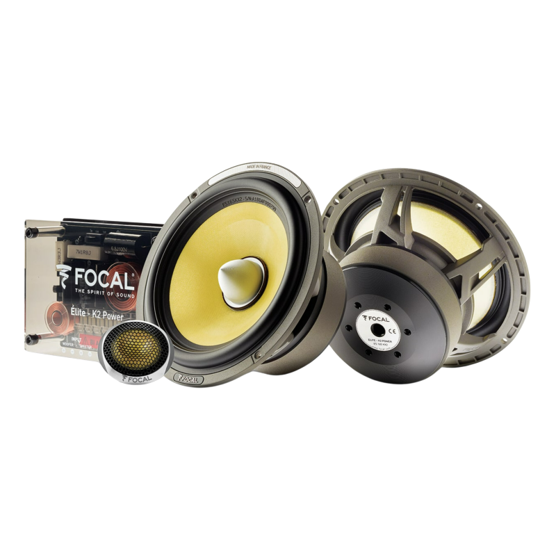 Car audio speaker set with yellow cones, tweeters, and a Focal product box on white background