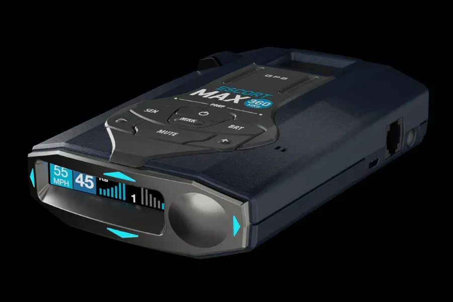Black handheld electronic device with a digital display and glowing blue accents on a dark background