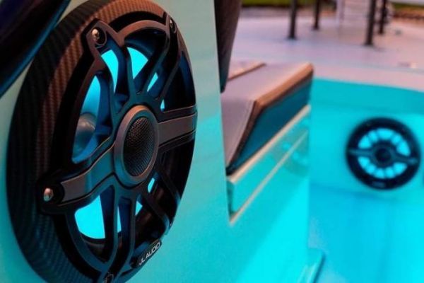 JL Marine speakers mounted and lit up