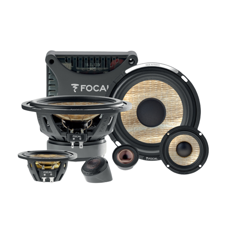 FOCAL car audio speaker set with subwoofer, midrange, tweeters, and crossover components on white background