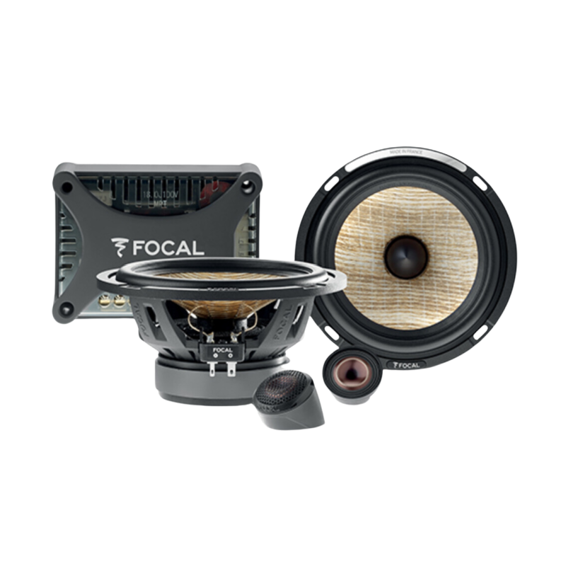 Focal car audio speakers and subwoofer set, shown front-facing on a white background