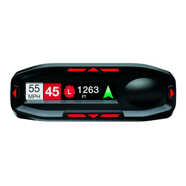 Black handheld radar detector with red digital display and indicator lights