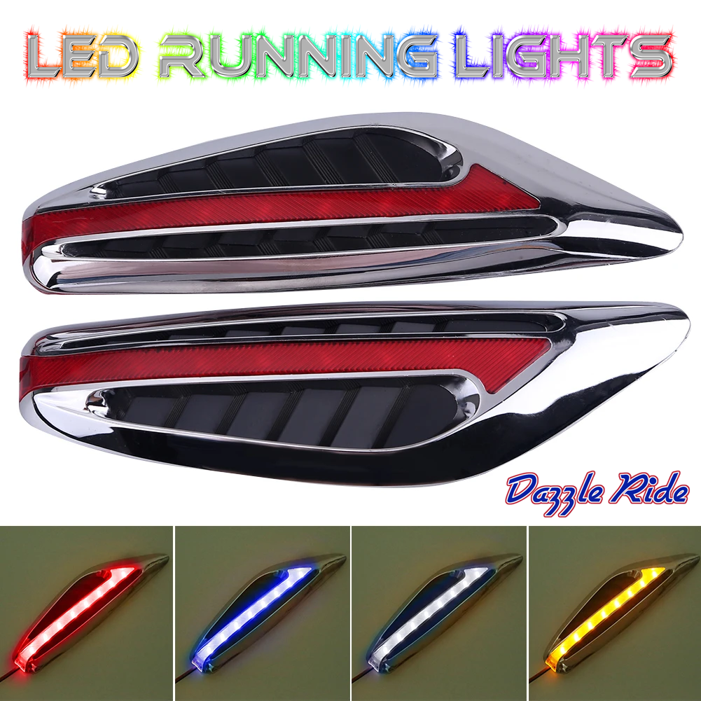 LED running lights for a car, chrome and black with red, blue, silver, and amber light options