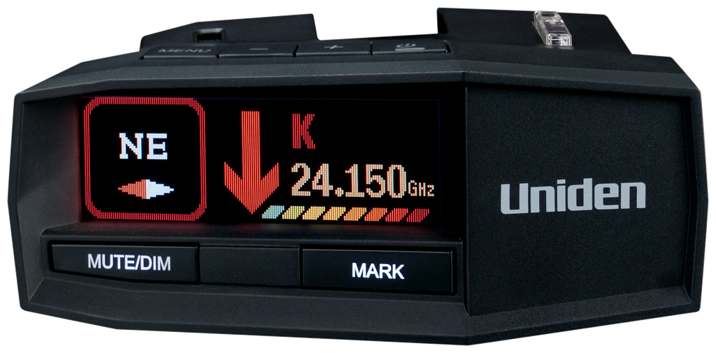 A passport max radar detector is shown on a white background