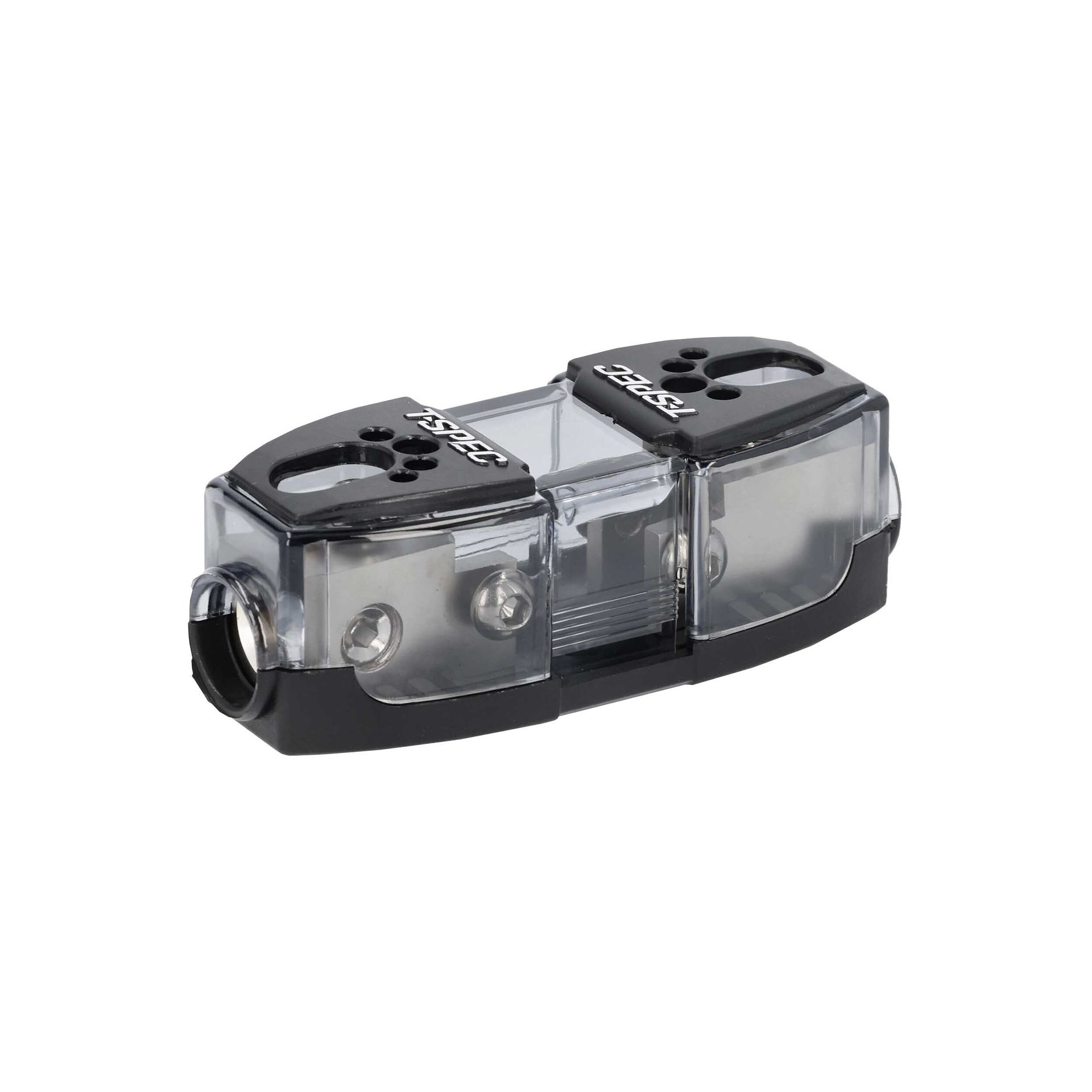Transparent dual-hole pencil sharpener with black top and metal blades on a white background