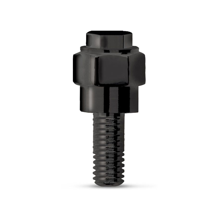 Black threaded metal bolt with a hexagonal head on a white background