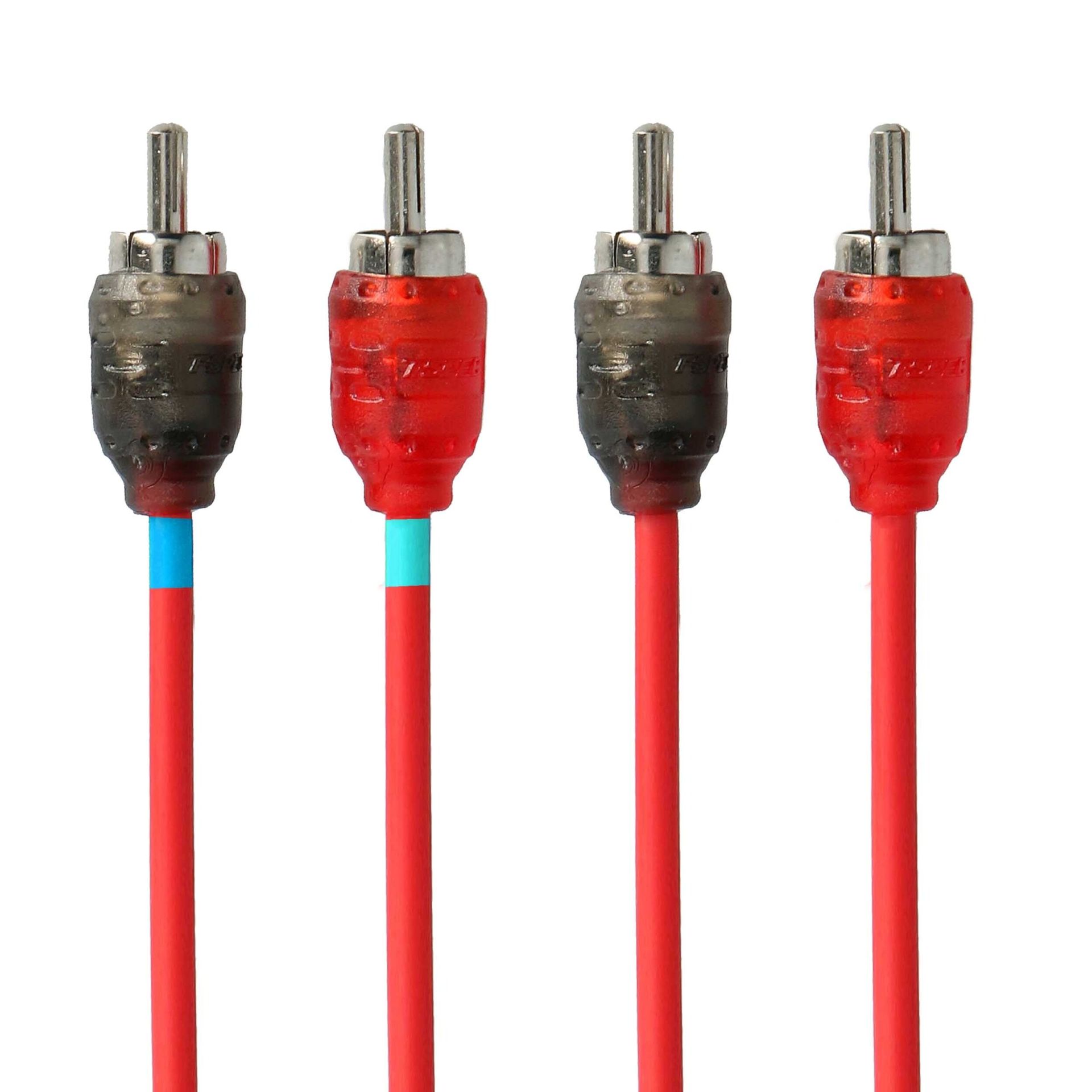 Four electrical connectors with red and black caps on red cables, arranged in a row.