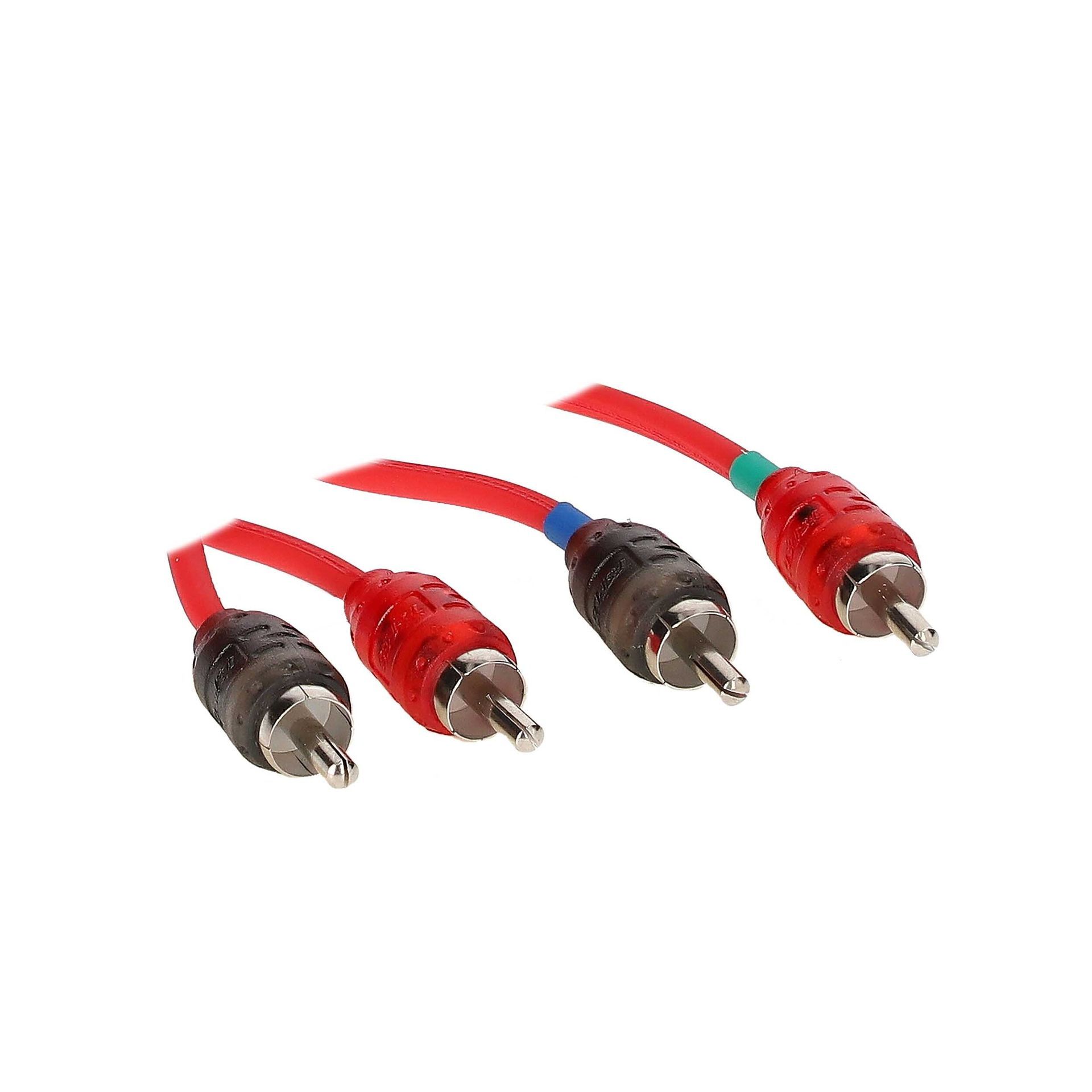 Four electrical connectors with red and black caps on red cables, arranged in a row.