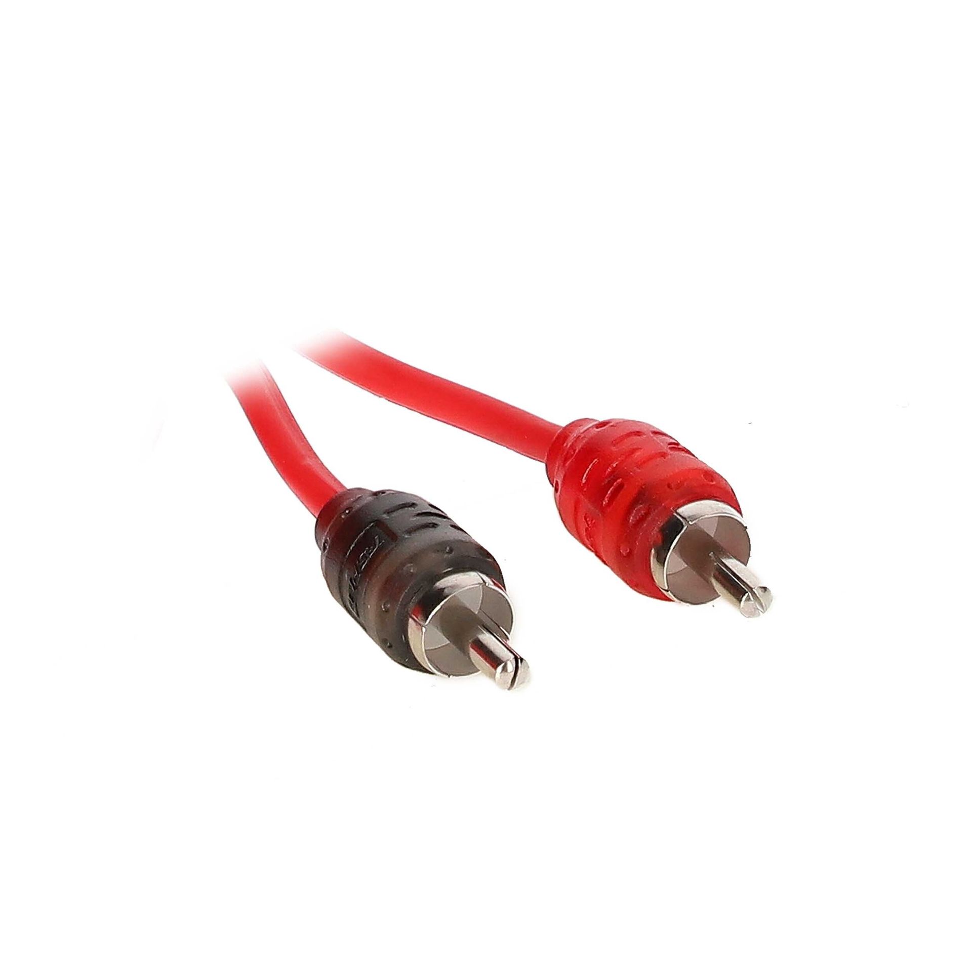 Red audio cable with two RCA connectors, one black and one red, on a white background