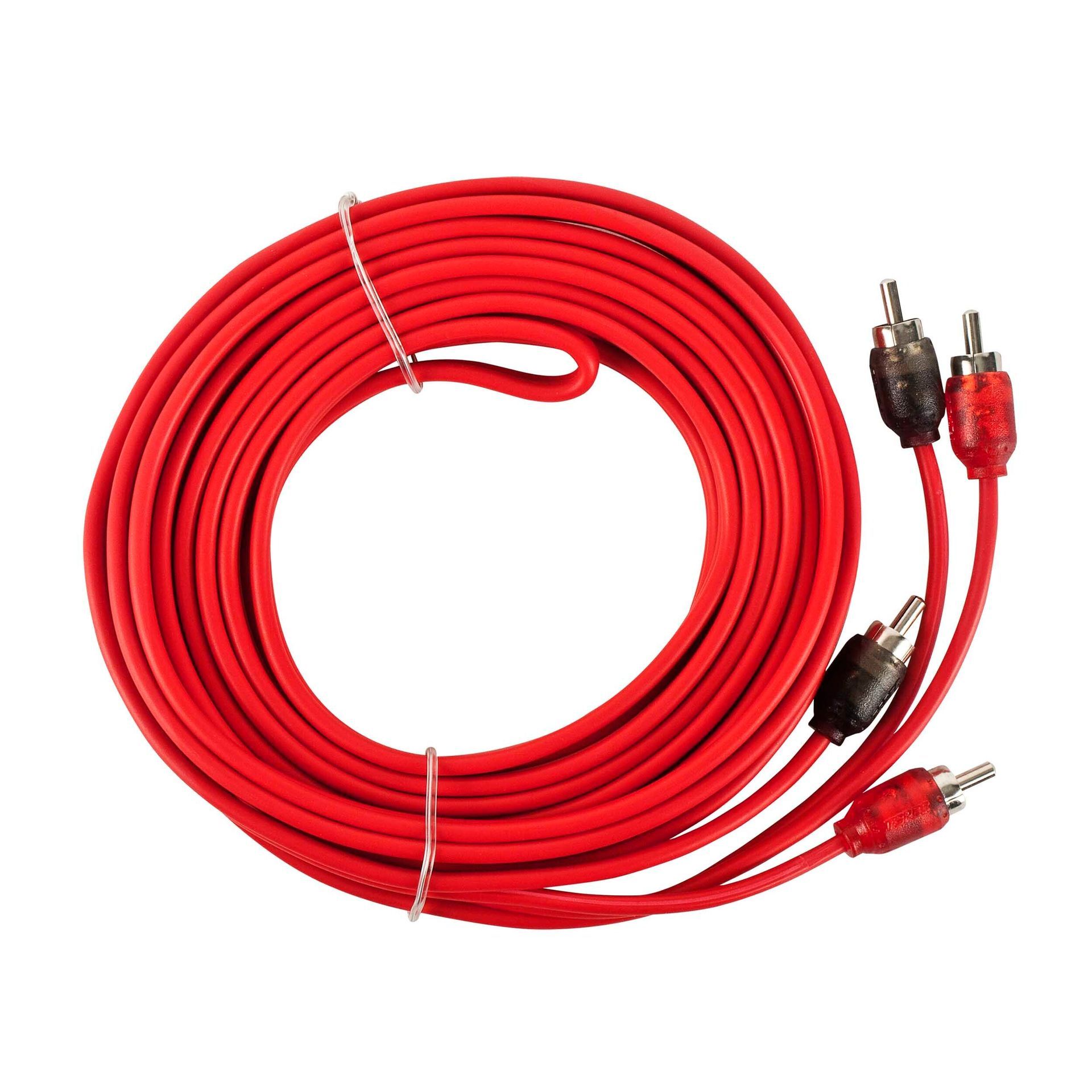 Red audio cable with two RCA connectors, one black and one red, on a white background