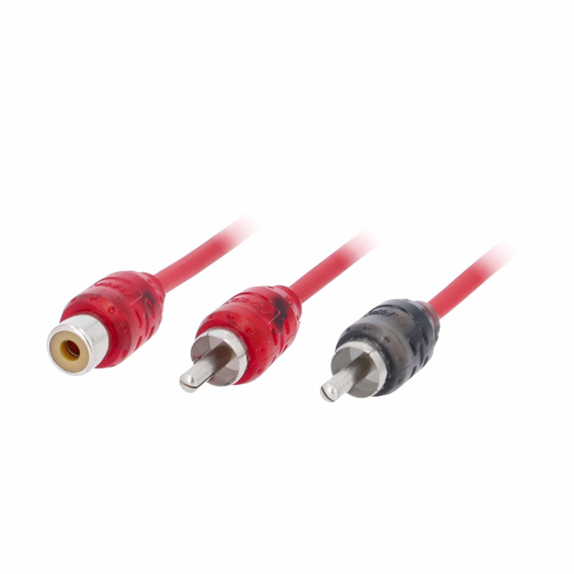 Three red and black audio/video cables with RCA-style connectors on a white background