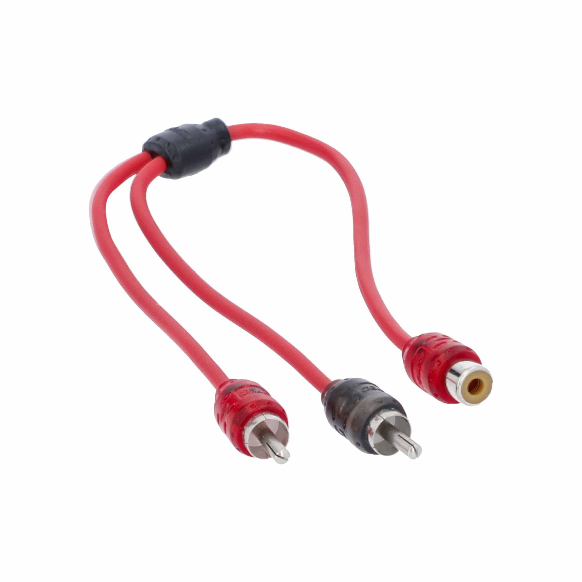 Three red and black audio/video cables with RCA-style connectors on a white background
