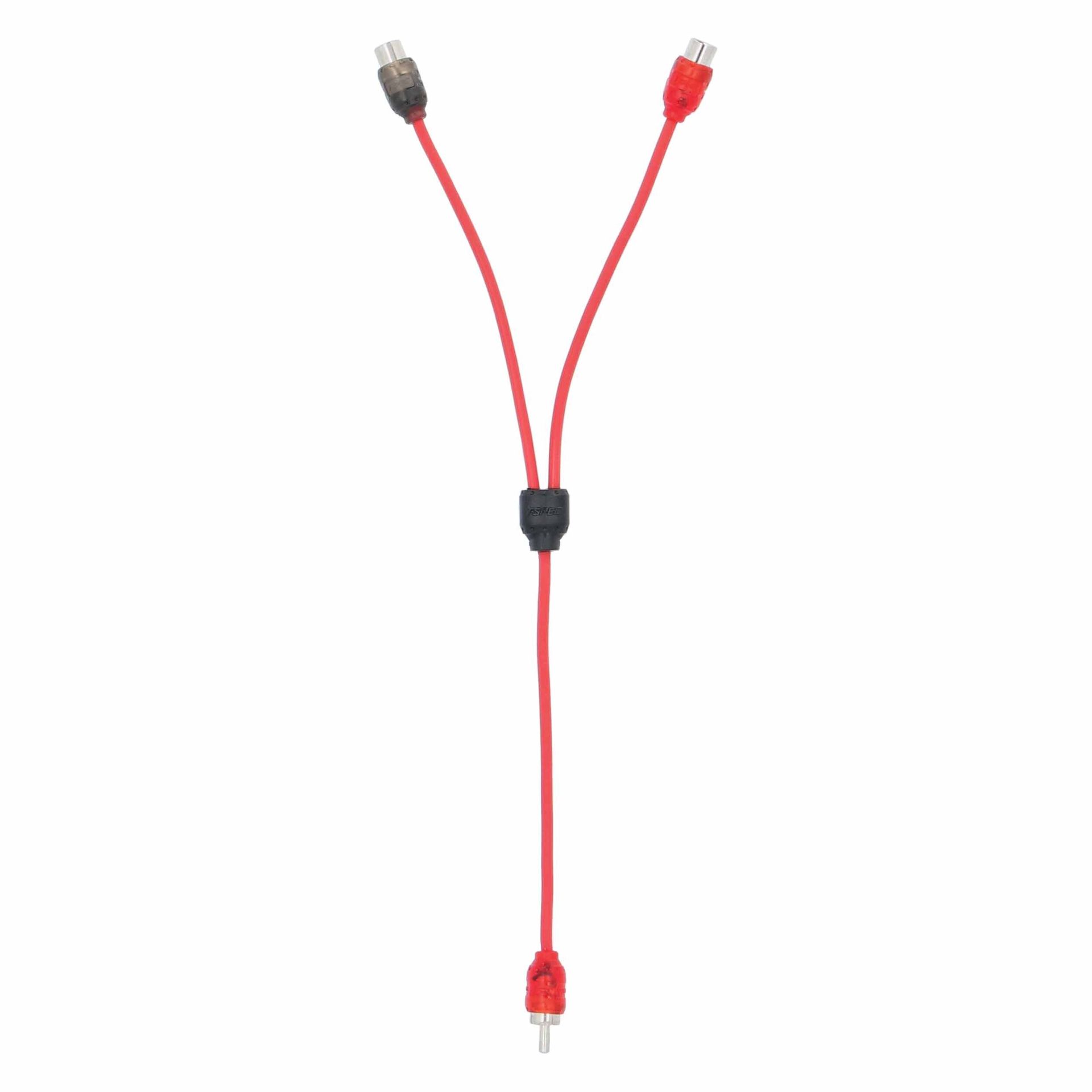 Red RCA audio/video splitter cable with three connectors and a ferrite choke