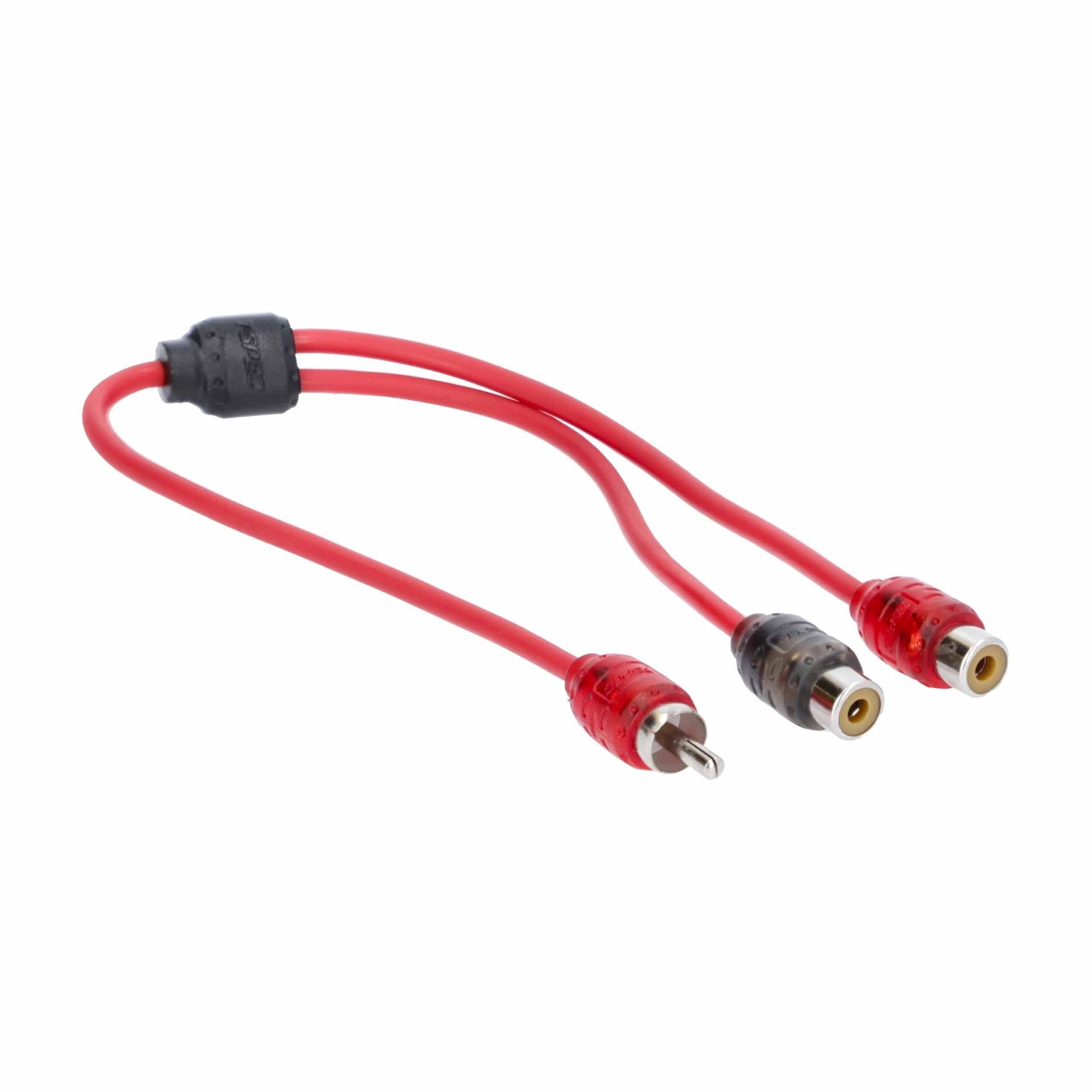 Red RCA audio/video splitter cable with three connectors and a ferrite choke
