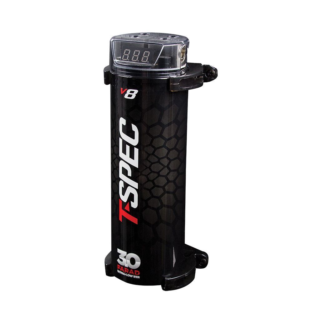 Black T-Spec V8 car audio capacitor with digital display and chrome top, shown on a white background