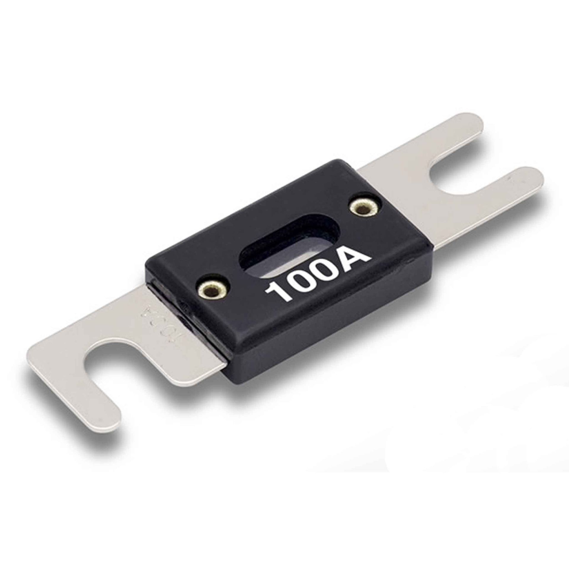 100A automotive fuse link with silver metal ends and black center casing on a white background