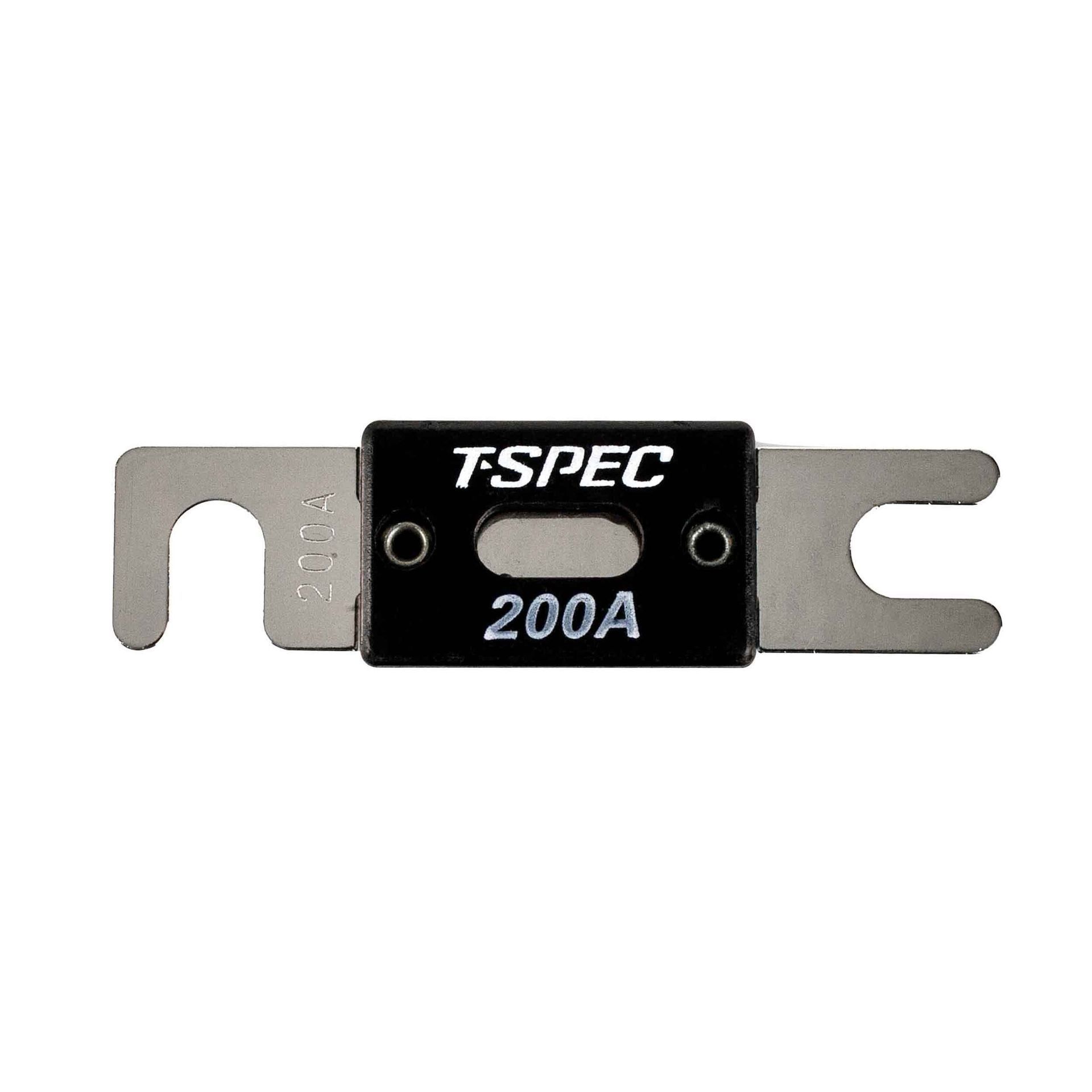 Black T-SPEC 200A automotive fuse with metal blade terminals on a white background