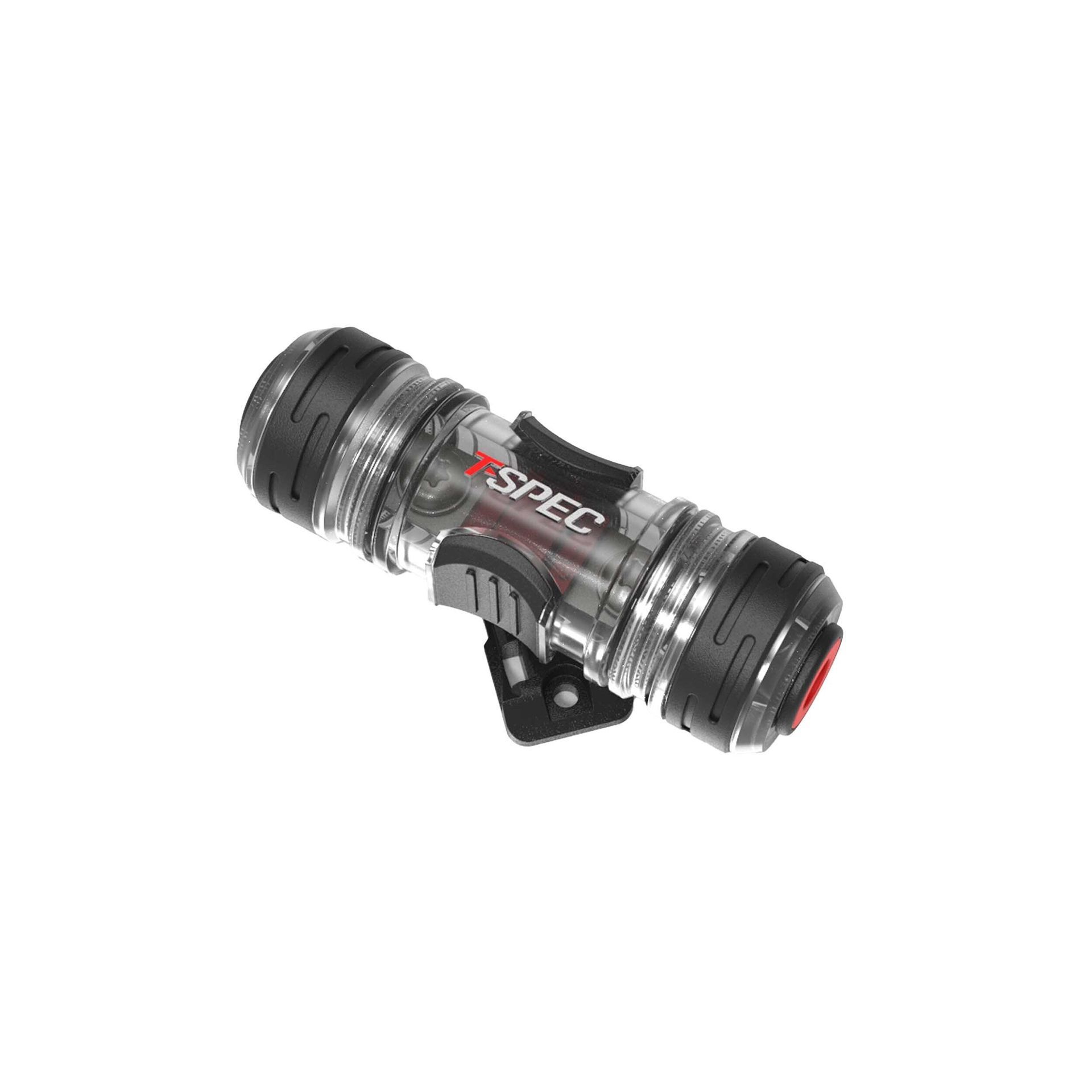 Black-and-silver cylindrical flashlight with a side handle, isolated on white background