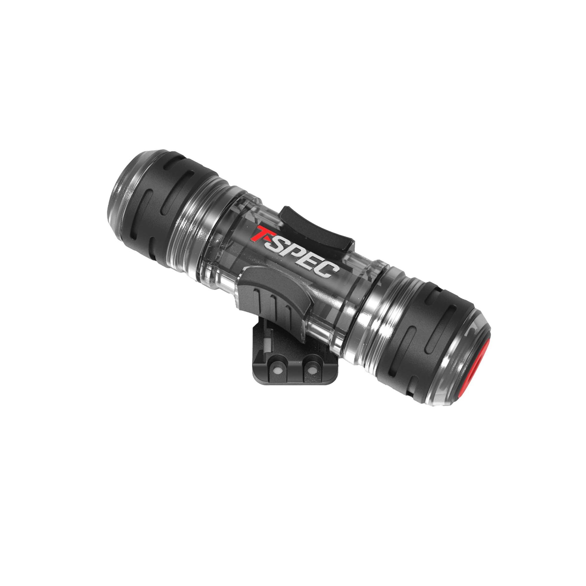 Black cylindrical tactical flashlight with silver accents and mounting bracket on white background
