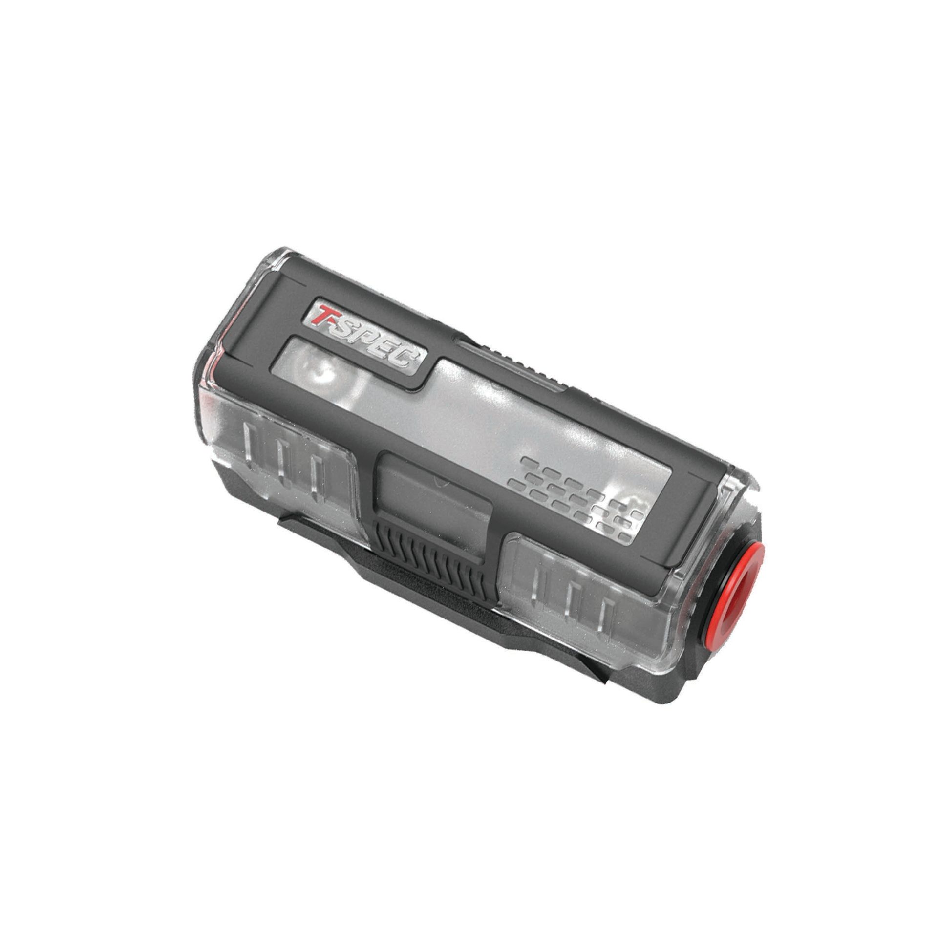 Black and gray T-SPEC car amplifier with red side terminals on a white background