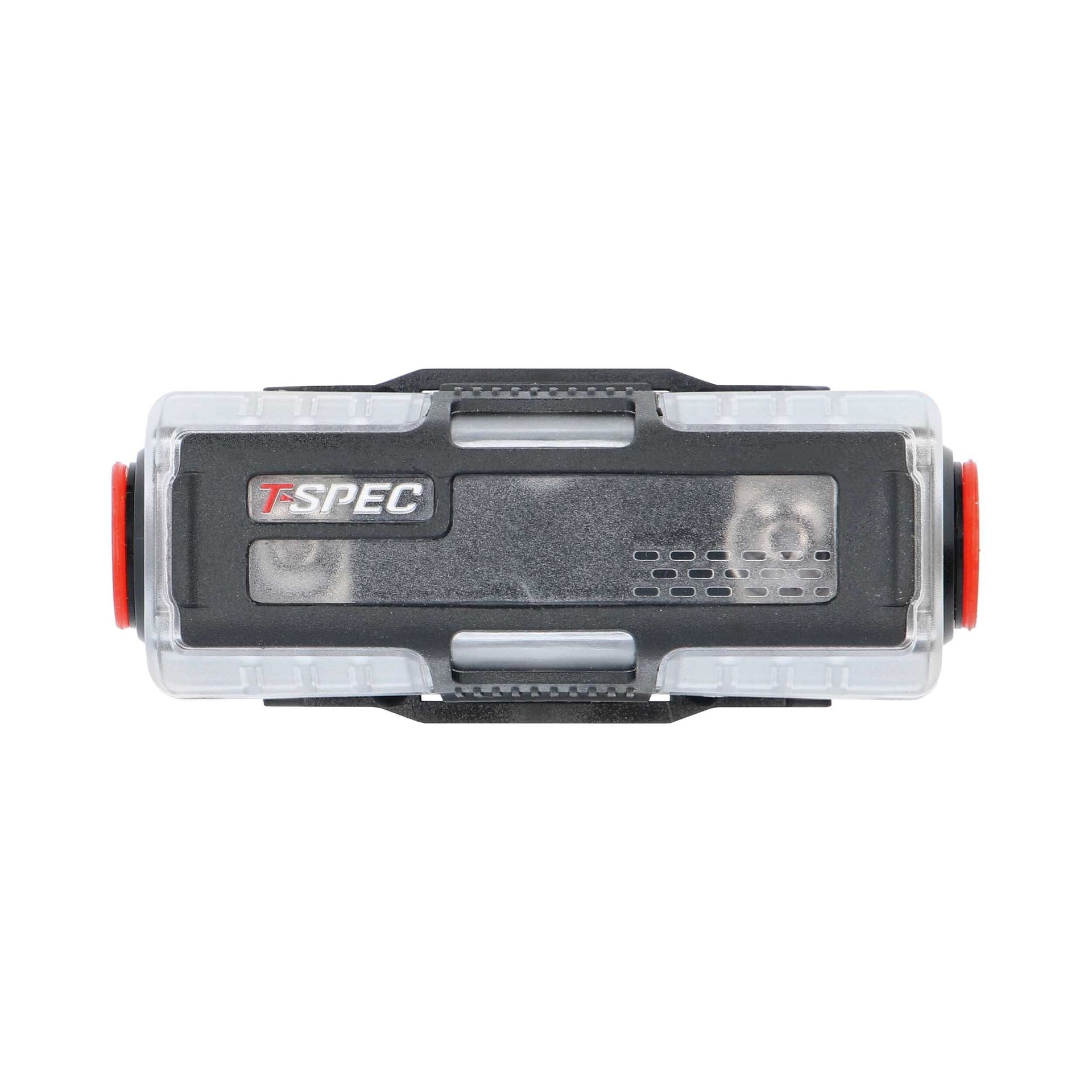 Black and gray T-SPEC car amplifier with red side terminals on a white background
