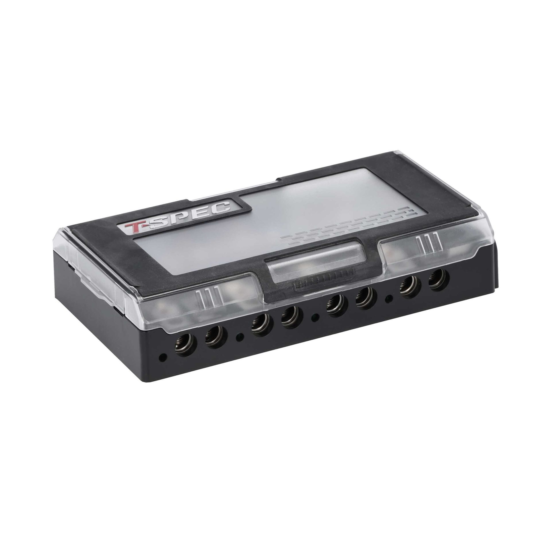 Black electronics box with clear top and multiple front ports on a white background