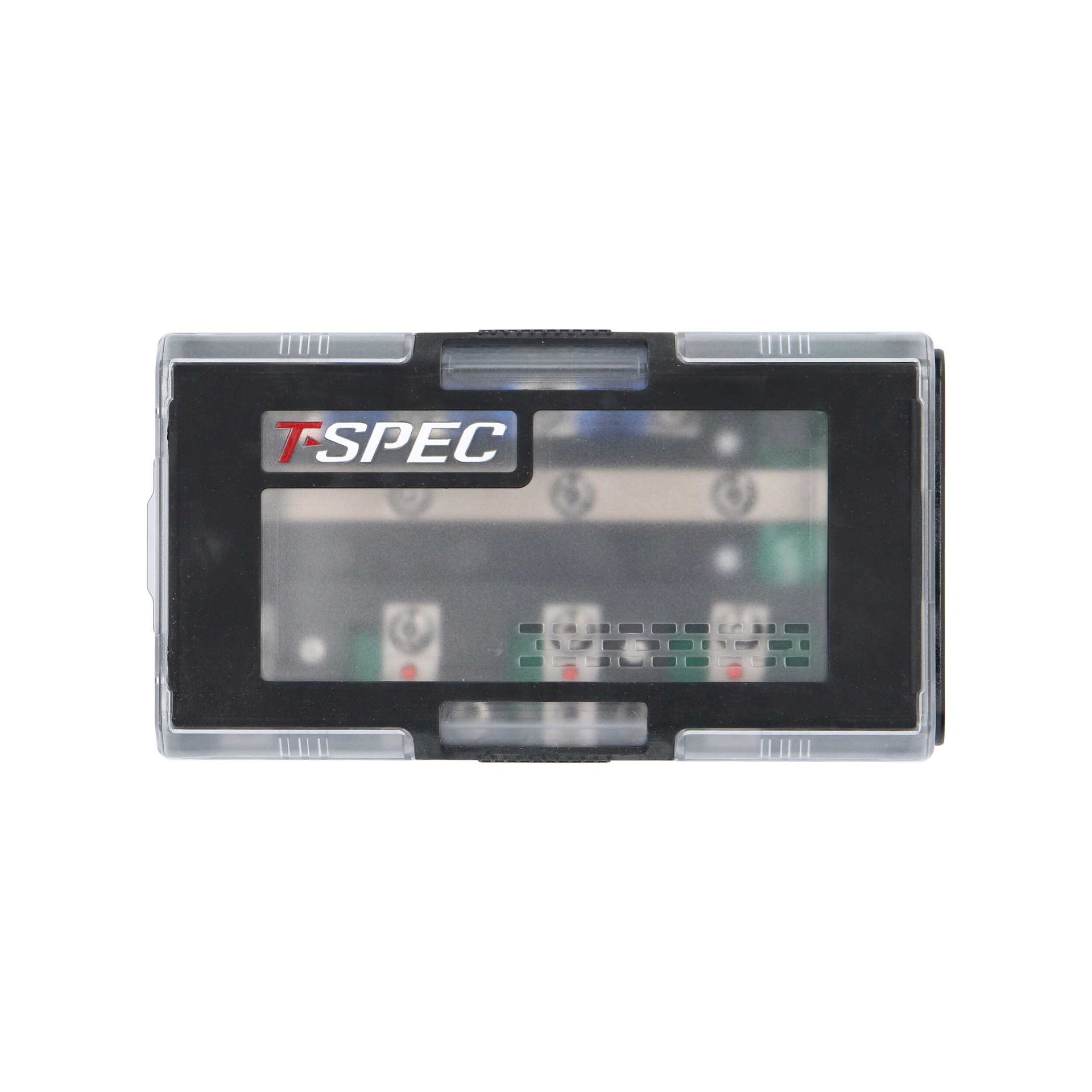Black electronics box with clear top and multiple front ports on a white background