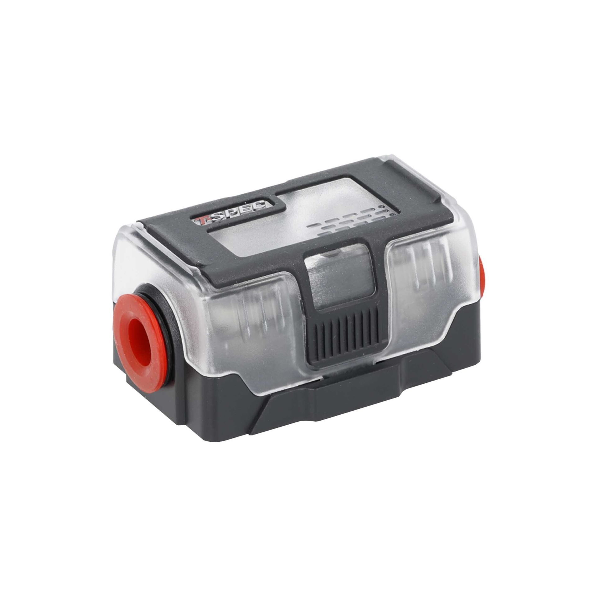 Compact black-and-gray battery pack with red side terminals on a white background