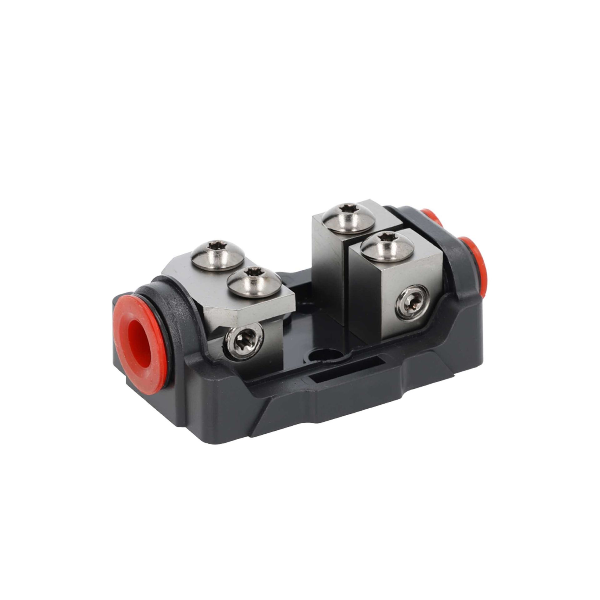 Compact black-and-gray battery pack with red side terminals on a white background