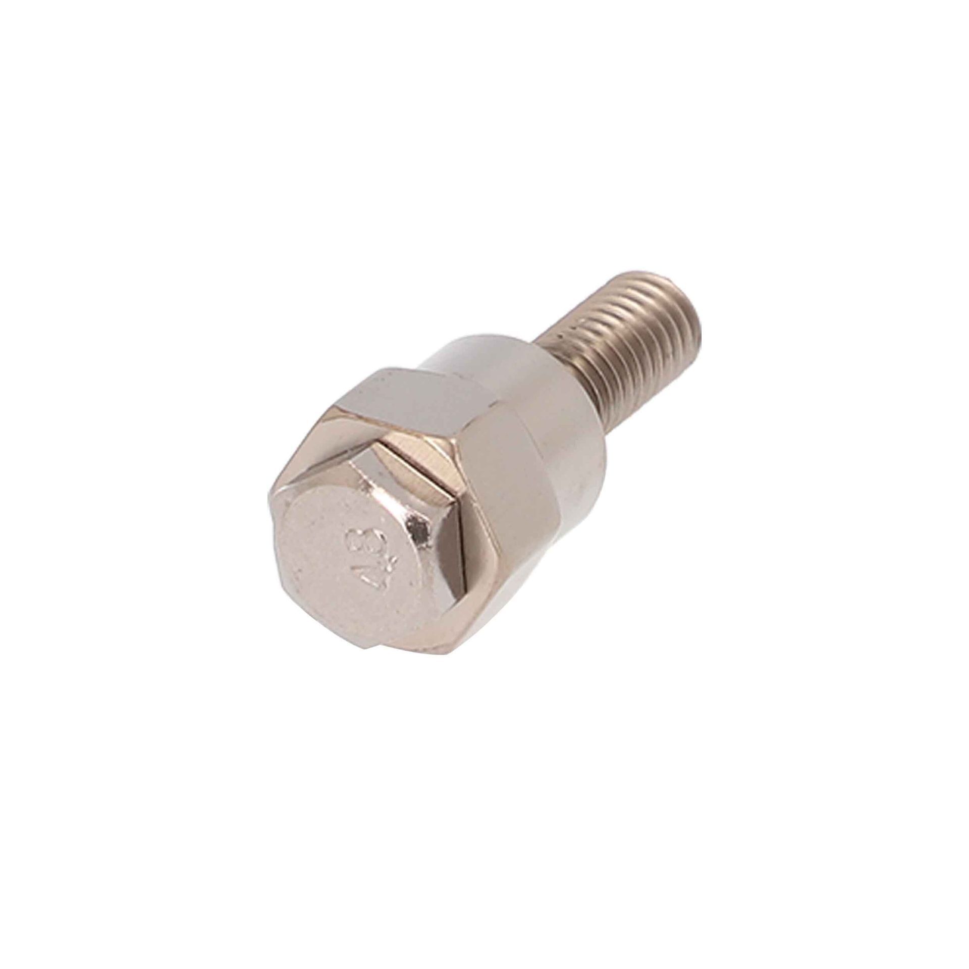 Metal hex bolt with threaded shaft on a white background