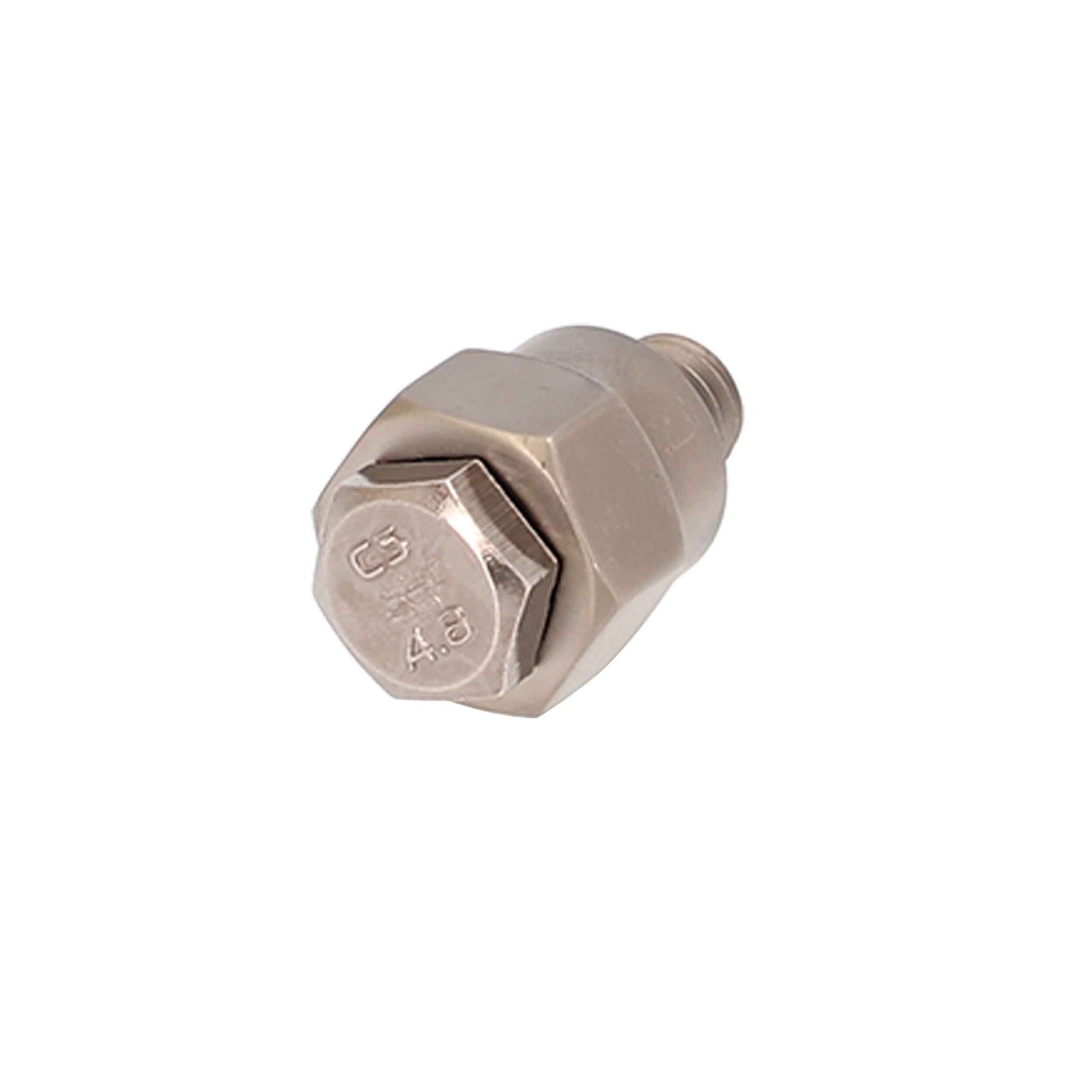 Metal threaded fitting with hexagonal body and cap, isolated on white background