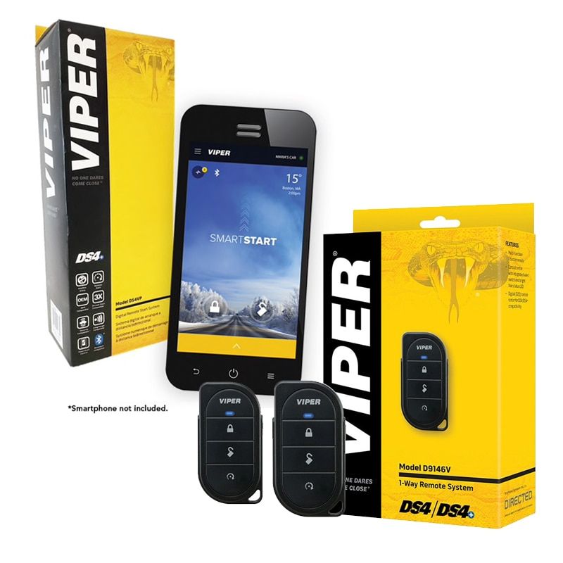 Yellow VIPER smartphone remote starter kit with two black key fobs and a phone app screen